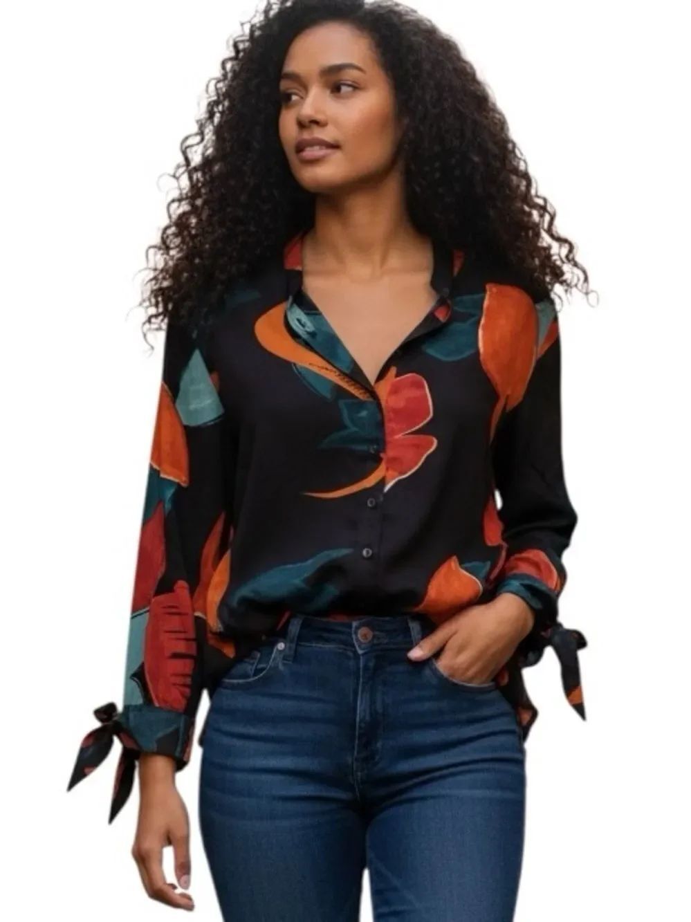 Chico's Black Button-Front Blouse with Orange and Teal Floral Print size xlarge